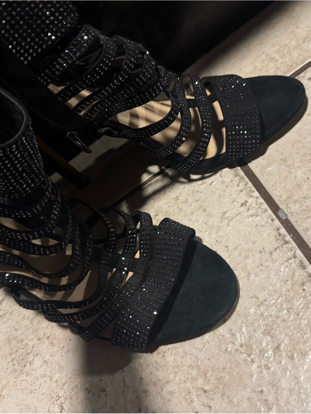 Black Strappy Rhinestone High Heel Sandals - Women